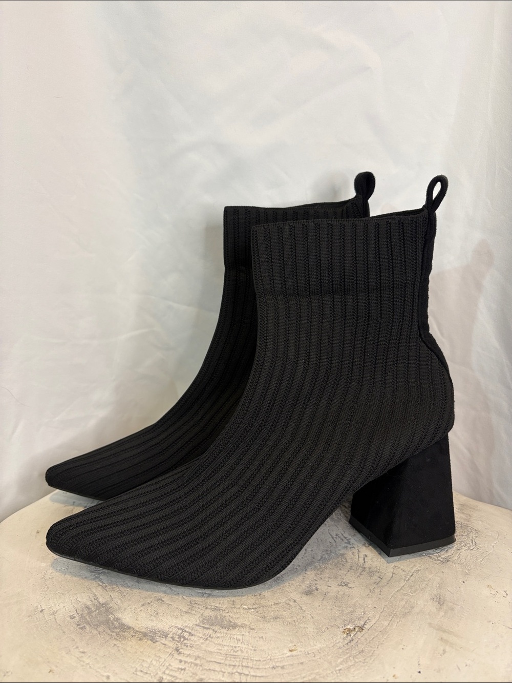 Ribbed Flyknit Knit Sock Style Ankle Boot Chunky Block Heel Pointed Toe Slip On